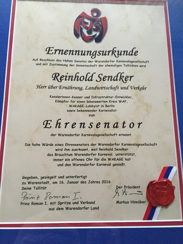 Ernennungsurkunde von Reinhold Sendker MdB zum Ehrensenator der WAKAGE